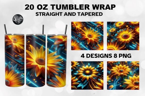 Neon 3D Sunflowers Tumbler Wrap Bundle: A Vibrant Design for Sublimation Printing