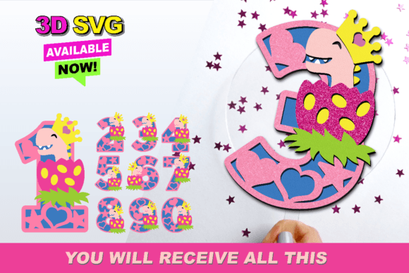 Princess Dinosaur Numbers 3D SVG for Creative Projects